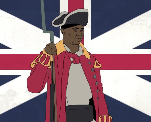 An illustration of Colonel Tye against a British flag