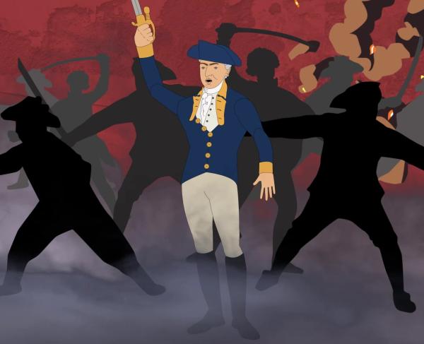 An illustration of John Laurens amidst silhouetted soldiers in battle