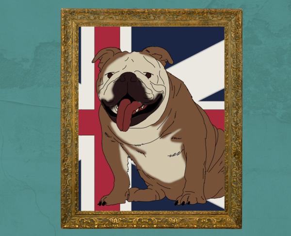 An illustration of framed portrait of a bulldog against a British flag.