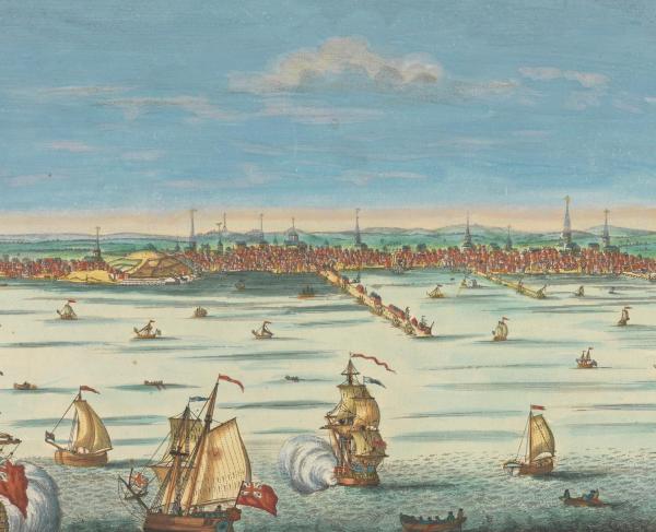 Hand-coloured engraving of the South-East View of Boston