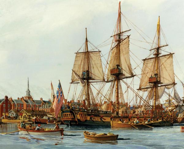Painting of tall ship with row boats in the foreground and brick buildings in the background