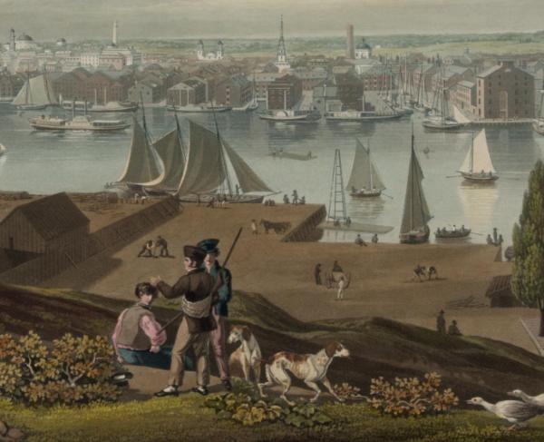 This is a painting of ships sailing into Baltimore's harbor. 