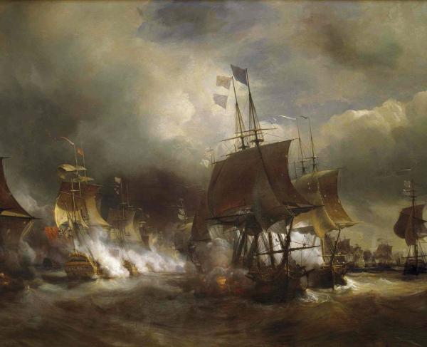 Dramatic painting of tall ships flying French and British flags 
