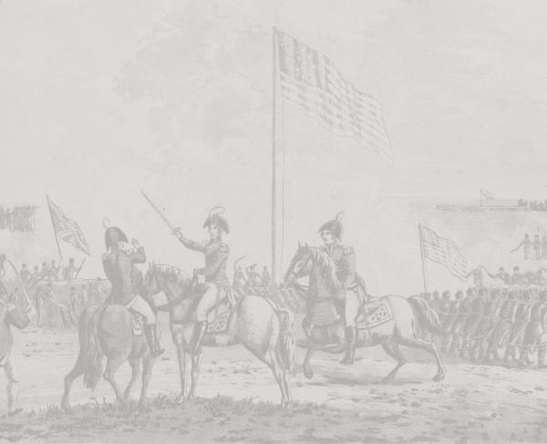 Cropped view of an engraving recolored in light greyscale tones shows General Jackson on a horse with American soldiers fighting the British in the background.