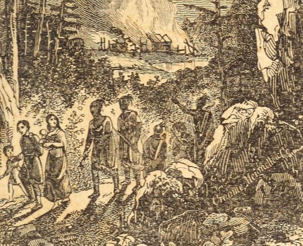 Illustration on sepia toned paper that depicts native Americans  walking along a trail in the woods, with a village in the background
