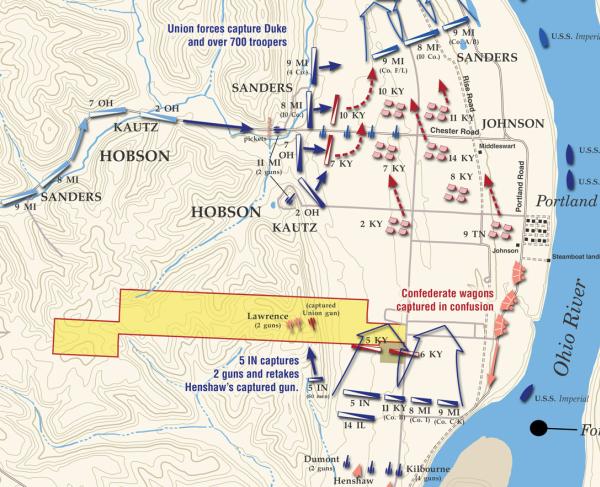 A battle map of troop movements at the Battle of Buffington Island