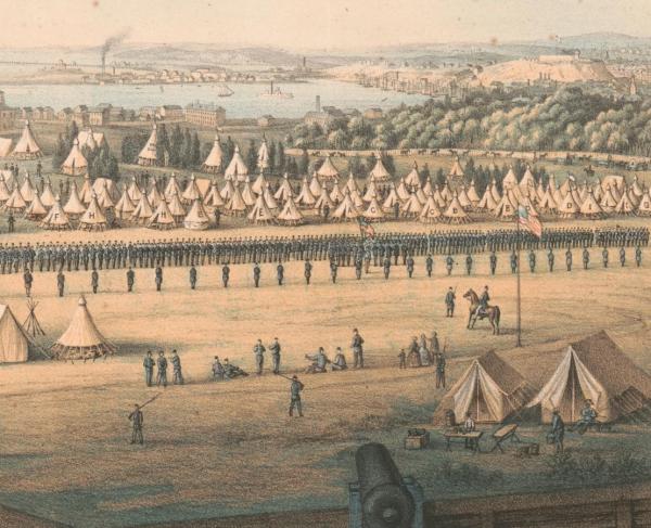 This is a painting of a camp at Baltimore from a distant hilltop. 