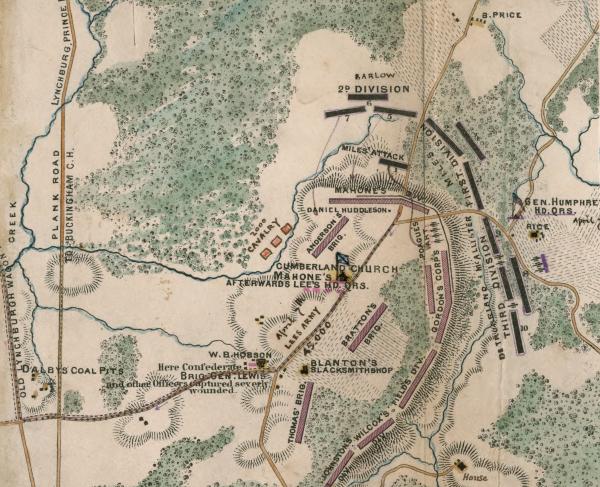 Map shows the locations of troops surrounding Lee's headquarters at Cumberland Church, Va. This was a small skirmish on April 7, 1865, just north of Farmville in Cumberland County, immediately following the action at Highbridge and Rice's Station.