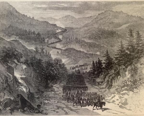 the picture shows Federal forces under the command of Gen. Burnside taking Cumberland Gap in 1863