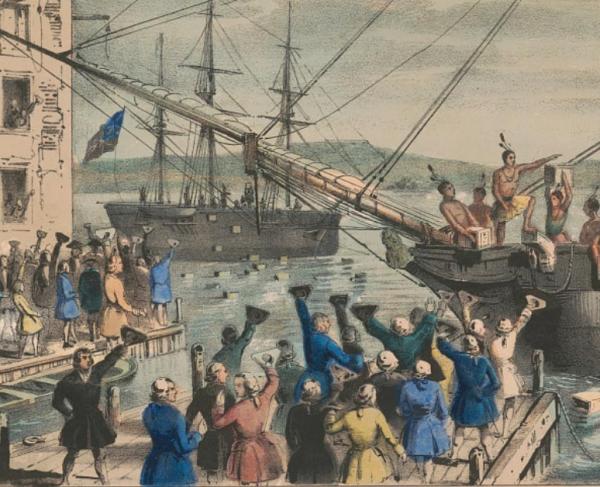 This is an image of colonial civilians dumping tea from a ship into Boston Harbor. 