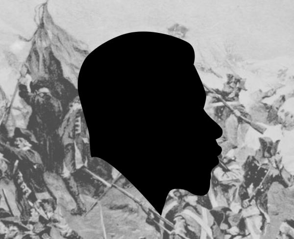 Silhouette of a man in front of a painting of the Siege of Savannah. 