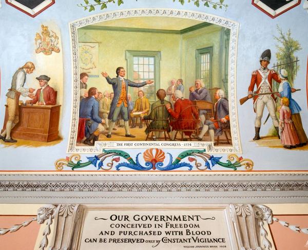 Mural from the U.S. Capitol shows delegates at Carpenter's Hall in Philadelphia discussing responses to increased British oppression.