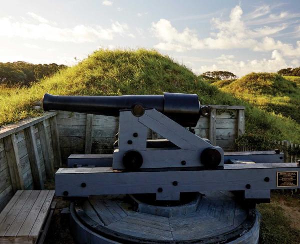 A rifled and banded 32-pounder cannon at Shepard's Battery, Fort Fisher State Historic Site, Kure Beach, N.C.