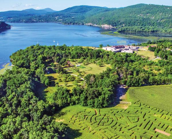 An aerial view of Fort Ticonderoga and Lake Champlain