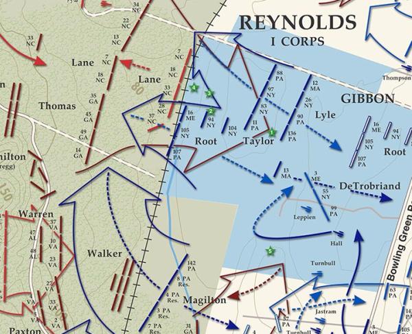 A battle map of troop movements at Slaughter Pen Farm on Dec 13, 1862