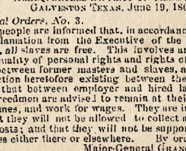 This is a photo of "General Orders, No. 3" appearing in a Galveston, Texas newspaper. 