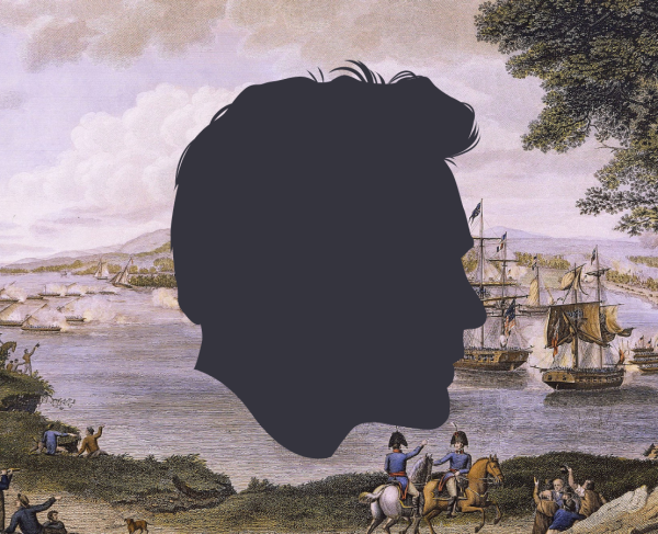 Silhouette of a man in front of the Battle of Lake Champlain. 