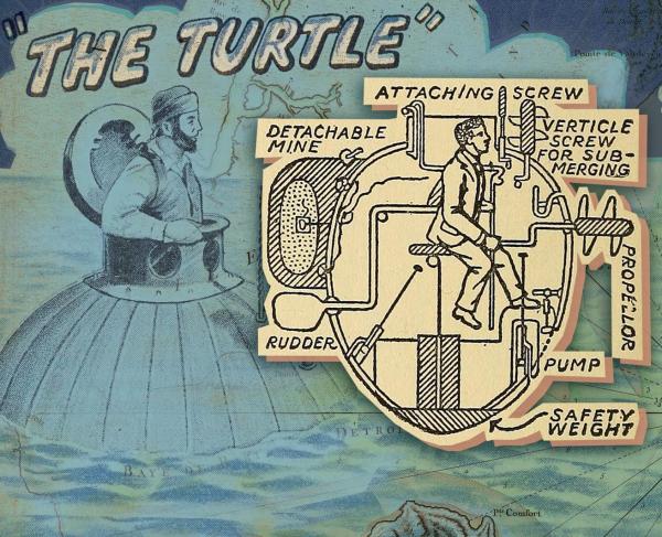 A collage of illustrations and a diagram of Bushnell’s Turtle