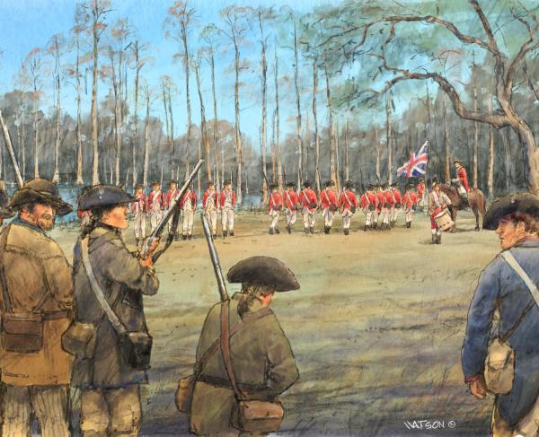 An illustration of Patriot and British forces at Halfway Swamp