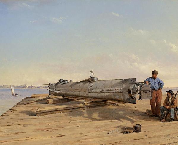 A metal submarine is shown on a dock with two men in this color illustration.