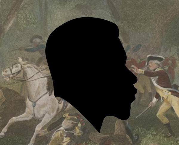 Silhouette of a man in front of a painted scene depicting the Battle of Kings Mountain.
