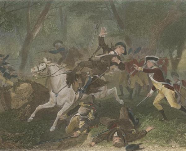 Engraving depicting the death of British Major Patrick Ferguson at the Battle of Kings Mountain during the American Revolutionary War, October 7, 1780.