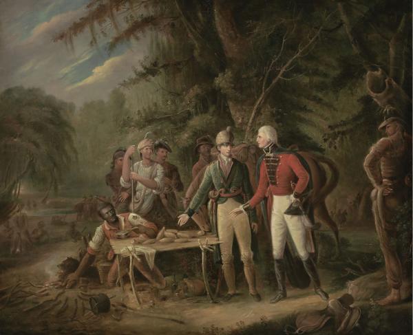 Early 19th century painting of group of men in a swampy woods with makeshift table.