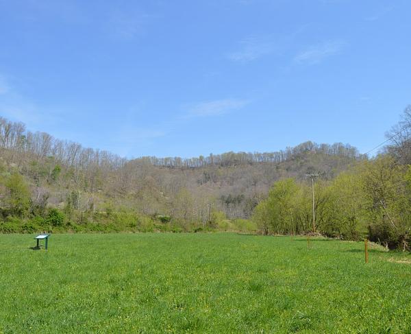 Battlefield with a sign in the mid-ground. 