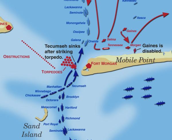 A map of the Battle of Mobile Bay on August 5, 1864.