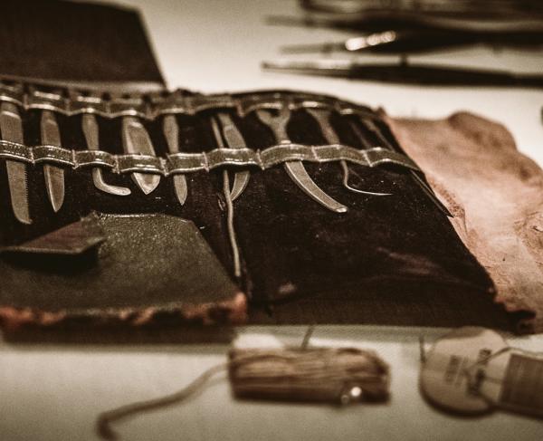 Original pocket surgical kit on display in the National Museum of Civil War Medicine.