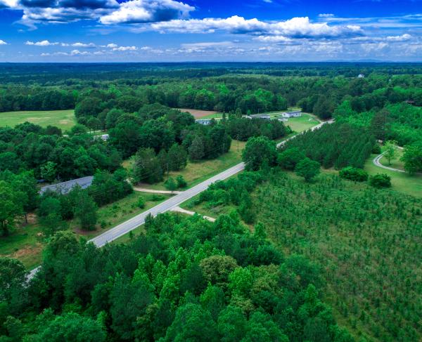 Aerial photograph of a battlefield with green trees and a blue sky. 