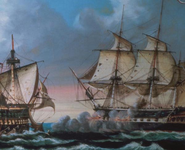 A painting of two ships engaged in battle