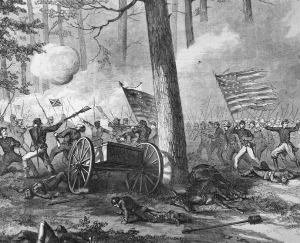 Illustration showing the Union Army charging the Confederate line