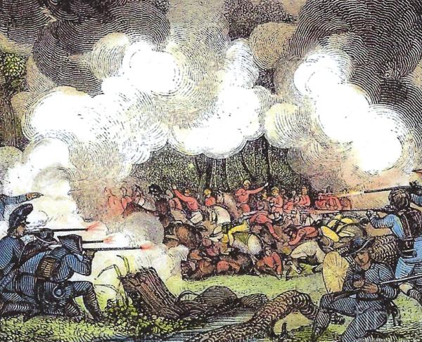 A colorized engraving showing a battle in the woods.