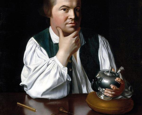 Painting of a man holding a metal teapot. 