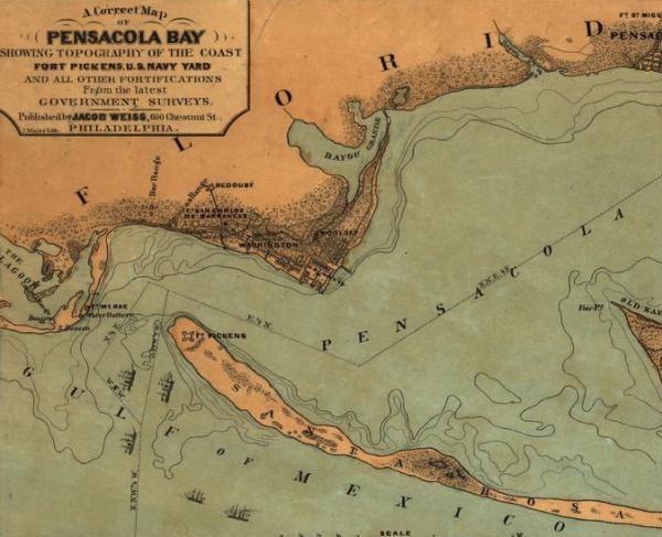 A correct map of Pensacola Bay showing topography of the coast, Fort Pickens, U.S. Navy Yard, and all other fortifications from the latest Government surveys.