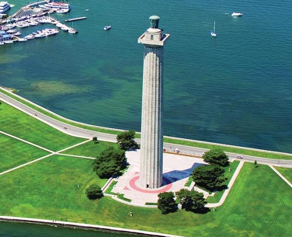 An aerial shot of Perry’s Victory and International Peace Memorial and Put-in-Bay, Ohio