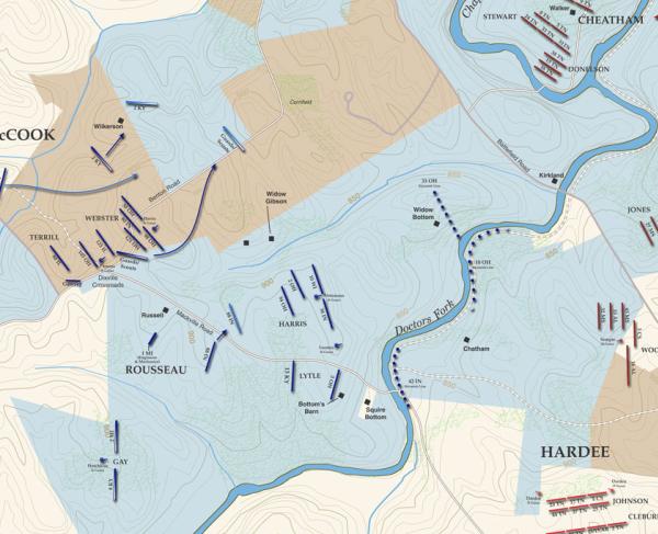 A map of the Battle of Perryville depicting the troop movements between 12:30pm to 1:15pm on October 8, 1862.