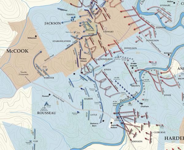 A map of the Battle of Perryville showing troop movements between 2:15pm to 3:00pm on October 8, 1862.