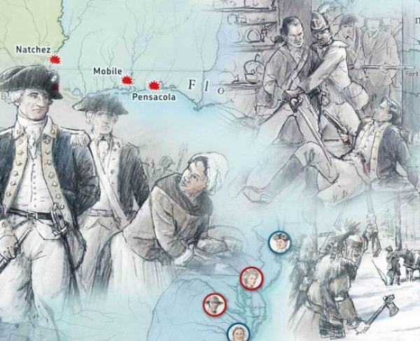 A collage of Revolutionary War scenes atop a map