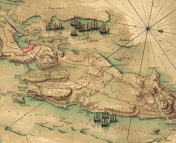Old map with 'Plan de Road Island' text on the left and map on the right