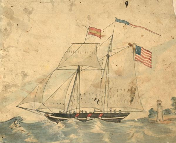 drawing of a small ship at sea with an American flag 