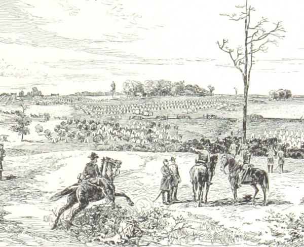 Lithograph of a man on horseback in the foreground and soldiers in the background.