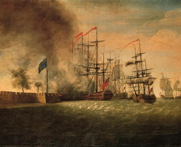 Sir Peter Parker's Attack Against Fort Moultrie, Reproduction of painting by James Peale