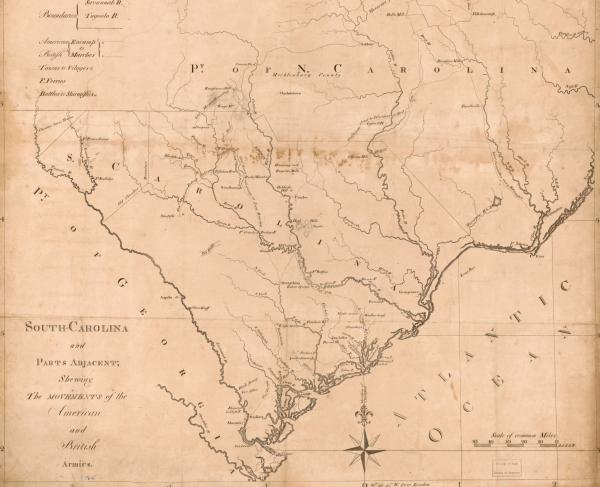 Map of the State of South Carolina showing the movement of the American and British troops during the American Revolution.