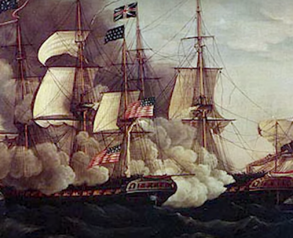 A painting of the USS Constitution on the water with billowing smoke