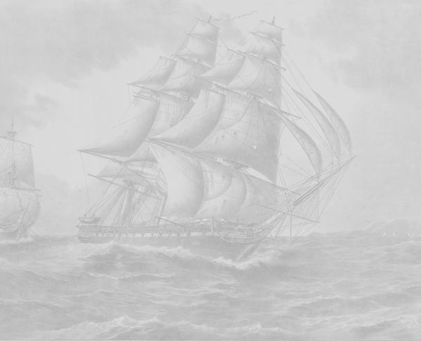 Cropped view of an engraving recolored in light greyscale tones shows the USS Constitution on the water, with another ship nearby.