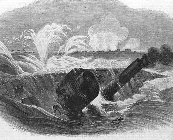 The USS Tecumseh strikes a mine and sinks