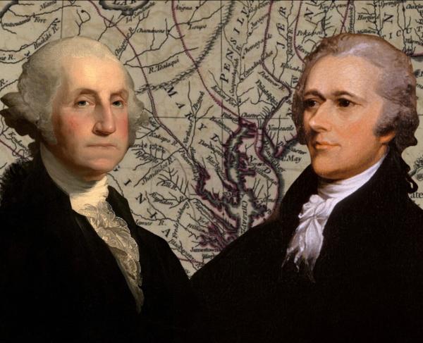 A photo of George Washington and Alexander Hamilton stitched atop a map of the Thirteen Colonies