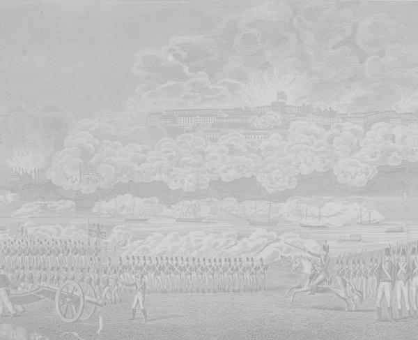 Cropped view of an engraving recolored in light greyscale tones shows British soldiers in the foreground, ships on the Potomac and the Capitol burning on a hill.